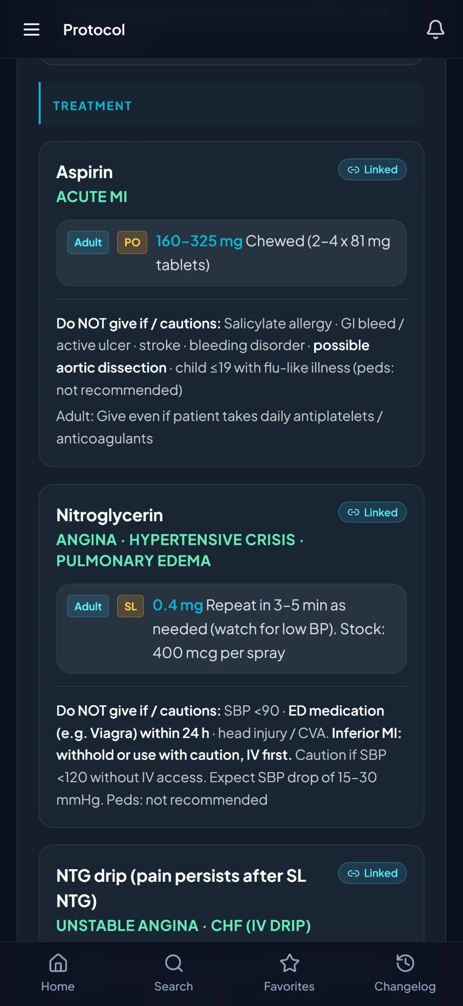 Aspirin and nitroglycerin drug cards in a protocol, each marked Linked, with Adult, route and dose on one row