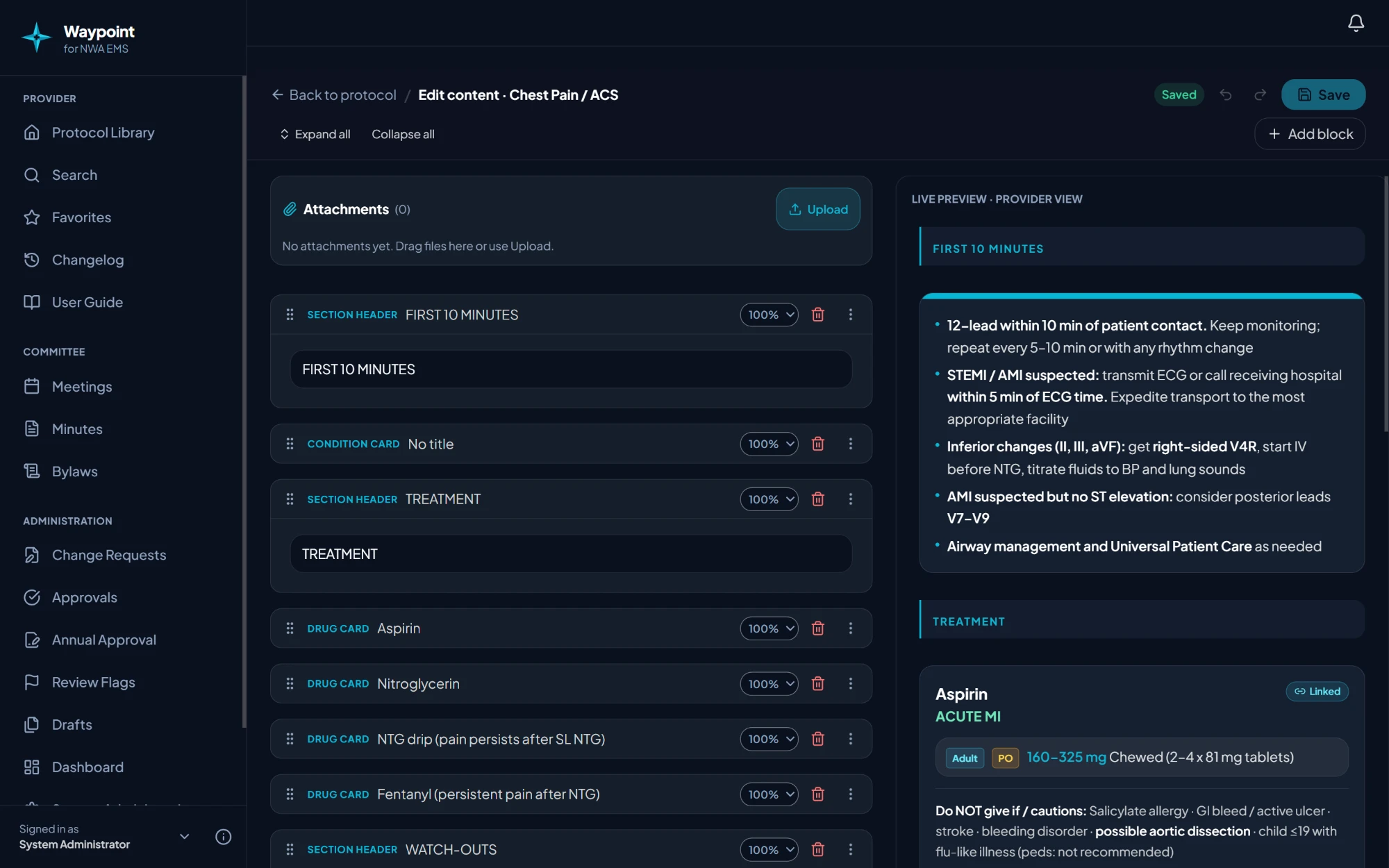 The protocol editor on a desktop: typed blocks such as section headers and drug cards on the left, a live provider preview on the right