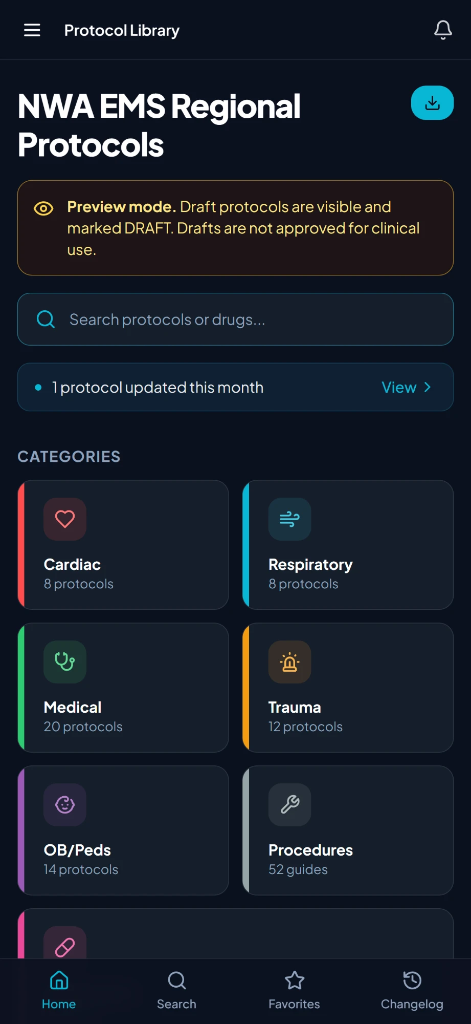 Waypoint protocol library on a phone: search, an update notice, and protocol categories with counts
