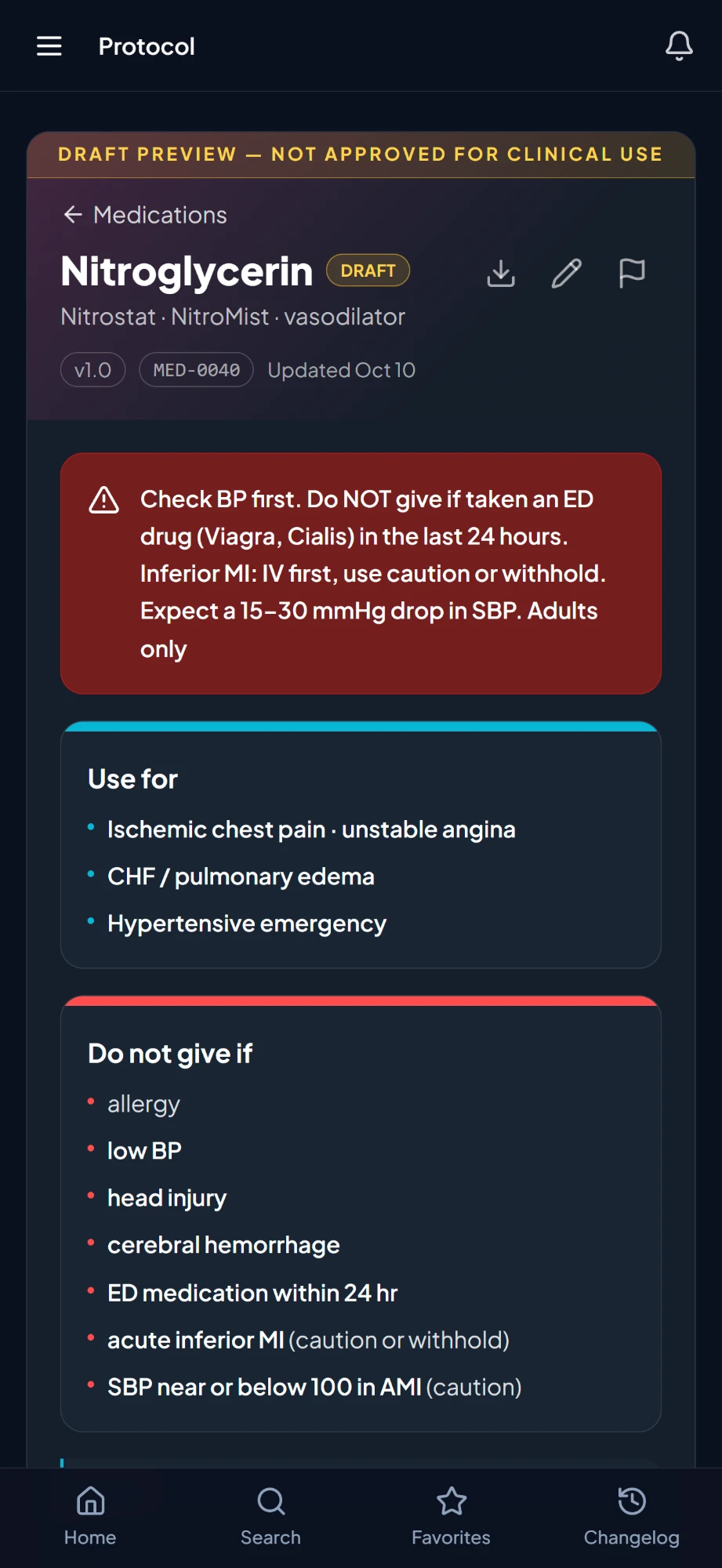 The Nitroglycerin medication card, numbered MED-0040, with a warning callout, its uses and when not to give it