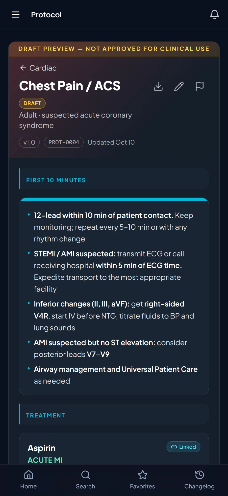 The Chest Pain / ACS protocol on a phone, showing its protocol number PROT-0004 and the first treatment steps