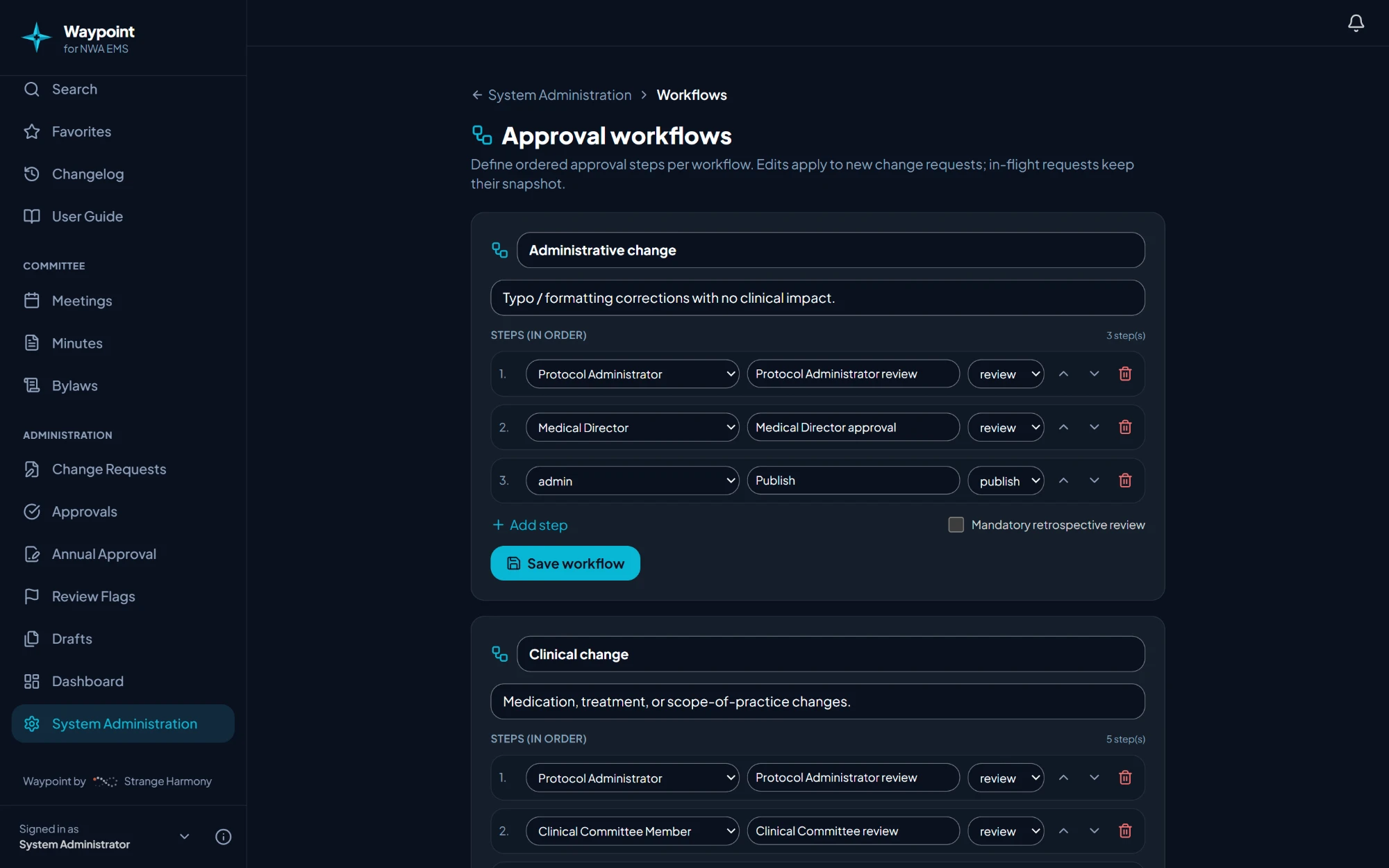 The approval workflows settings: an administrative change workflow with protocol administrator review, medical director approval and publish, and a clinical change workflow below